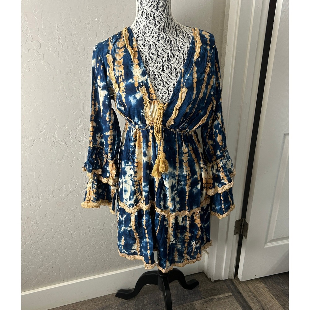 Sumitra Free Size Mini Dress Blue‎ Tie Dye Tassel Boho Cover Up Bell Sleeve
